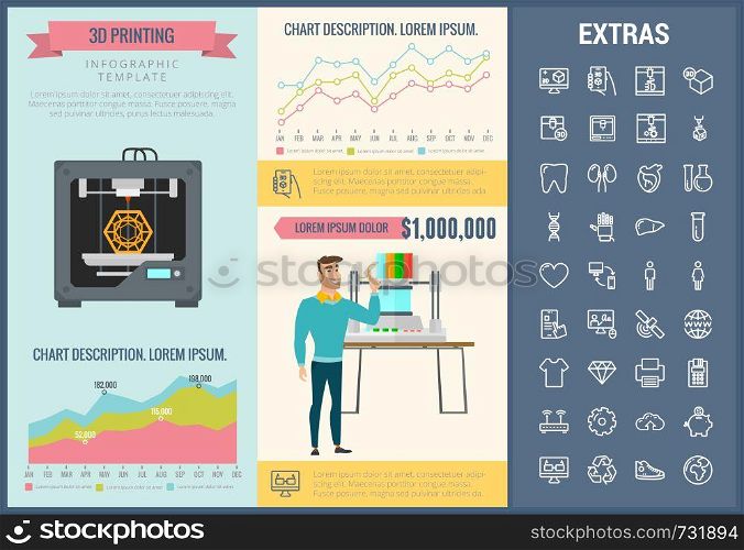 3D printing infographic template, elements and icons. Infograph includes customizable graphs, charts, line icon set with 3D printer, products of 3D innovation technologies, printing machine etc.. 3D printing infographic template and elements.