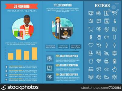 3D printing infographic template, elements and icons. Infograph includes customizable graphs, charts, line icon set with 3D printer, products of 3D innovation technologies, printing machine etc.. 3D printing infographic template and elements.