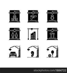 3d printing process black glyph icons set on white space. Design representation. Rapid prototyping. Modern technology. Environmental benefit. Silhouette symbols. Vector isolated illustration. 3d printing process black glyph icons set on white space