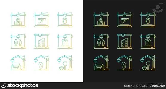 3d printing process gradient icons set for dark and light mode. Design representation. Thin line contour symbols bundle. Isolated vector outline illustrations collection on black and white. 3d printing process gradient icons set for dark and light mode