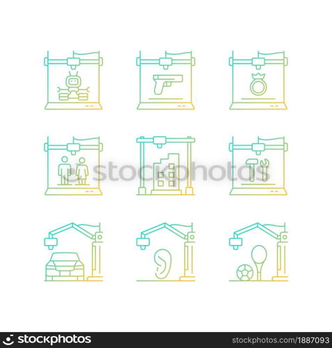 3d printing process gradient linear vector icons set. Design representation. Rapid prototyping. Modern technology. Thin line contour symbols bundle. Isolated outline illustrations collection. 3d printing process gradient linear vector icons set