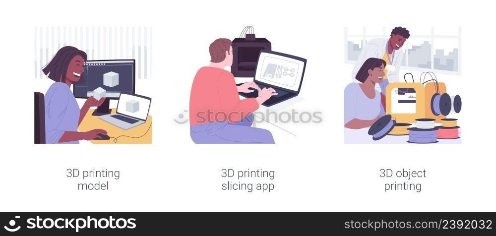 3D printing process isolated cartoon vector illustrations set. Architect using 3D model, modeling software, slicing app, prototyping process, group of diverse people printing object vector cartoon.. 3D printing process isolated cartoon vector illustrations set.