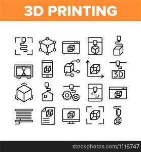3d Printing Processing Collection Icons Set Vector Thin Line. Printing Cube And House, Engineering Web Site And Gear Mechanism Concept Linear Pictograms. Monochrome Contour Illustrations. 3d Printing Processing Collection Icons Set Vector