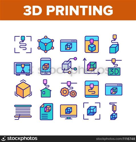 3d Printing Processing Collection Icons Set Vector Thin Line. Printing Cube And House, Engineering Web Site And Gear Mechanism Concept Linear Pictograms. Color Contour Illustrations. 3d Printing Processing Collection Icons Set Vector