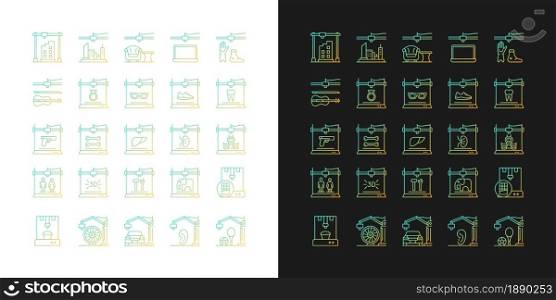 3d printing technology gradient icons set for dark and light mode. Rapid prototyping. Thin line contour symbols bundle. Isolated vector outline illustrations collection on black and white. 3d printing technology gradient icons set for dark and light mode