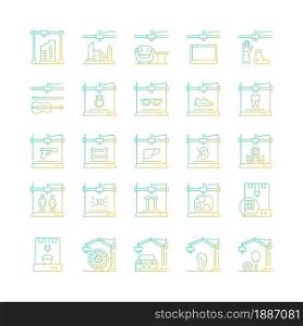 3d printing technology gradient linear vector icons set. Creating three dimensional objects. Rapid prototyping. Thin line contour symbols bundle. Isolated outline illustrations collection. 3d printing technology gradient linear vector icons set
