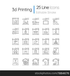 3d printing technology linear icons set. Creating three dimensional objects. Rapid prototyping. Customizable thin line contour symbols. Isolated vector outline illustrations. Editable stroke. 3d printing technology linear icons set