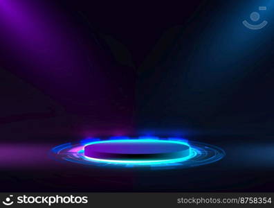 3D purple and blue neon glowing light podium platform pedestal stand cylinder shape display with HUD elements on dark background technology digital style. Blank display, stage of magic portal for show product in futuristic cyberpunk. Vector illustration