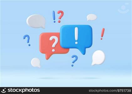 3d QA Speech bubble with question and exclamation mark icon. Talk message box with question sign. FAQ symbol concept. 3d rendering. Vector illustration. 3d QA Speech bubble