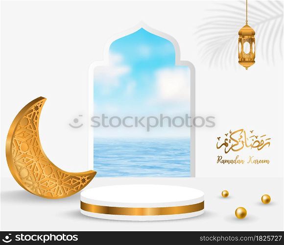 3d ramadan kareem white background sea landscape Translation of text : Ramadan Kareem with golden lamp tropical leaf and podium,illustration EPS10.