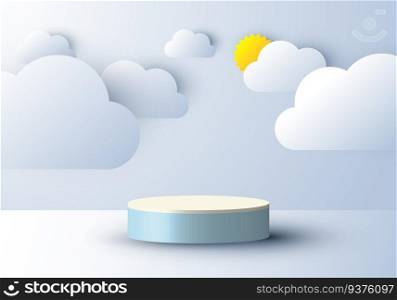 3D realistic abstract minimal scene empty podium display with cloud and sun paper cut style on blue sky background. Design for product presentation, mockup, etc. Vector illustration