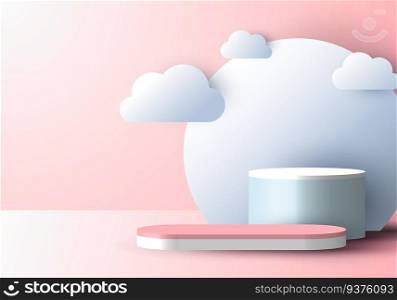 3D realistic abstract minimal scene empty podium display with cloud paper cut style on soft pink background. Design for product presentation, mockup, etc. Vector illustration