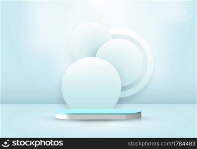3D realistic abstract minimal scene empty podium studio room with circle backdrop and lighting soft blue background. Design for product presentation, mockup, etc. Vector illustration