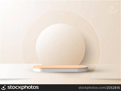 3D realistic abstract minimal scene empty podium studio room with circle backdrop and lighting soft brown background with transparent glass decoration. Design for product presentation, mockup, etc. Vector illustration