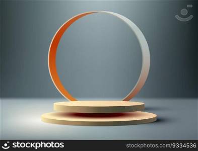 3D realistic beige color podium platform with circle frame backdrop minimal wall scene on blue background. Display for spa and beauty, cosmetic product presentation showcase, mock up stage, cosmetic product display. Vector illustration