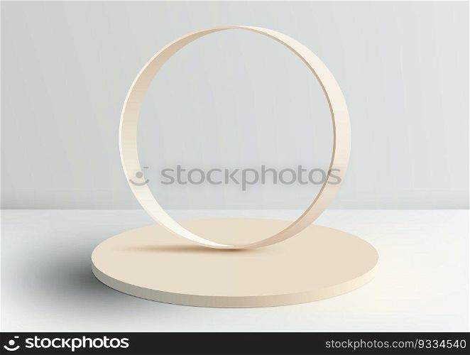 3D realistic beige color podium platform with circle frame backdrop minimal wall scene on white background. Display for spa and beauty, cosmetic product presentation showcase, mock up stage, cosmetic product display. Vector illustration