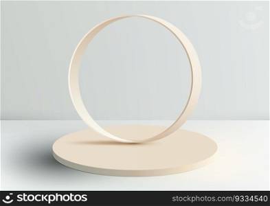 3D realistic beige color podium platform with circle frame backdrop minimal wall scene on white background. Display for spa and beauty, cosmetic product presentation showcase, mock up stage, cosmetic product display. Vector illustration
