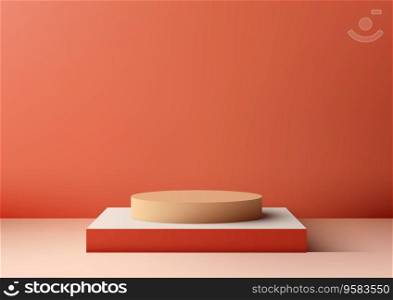 3D realistic beige cylinder empty podium on red platform is a modern minimalist mockup that can be used for a variety of purposes, such as product display, advertising, or branding. Vector illustration