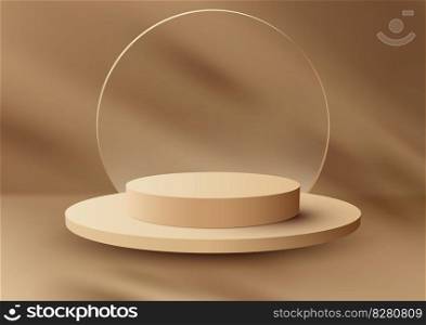 3D realistic beige podium platform stand with circle transparent glass on brown background and natural light. You can use for beauty cosmetic presentation, showcase mockup, showroom, product stand promotion, etc. Vector illustration