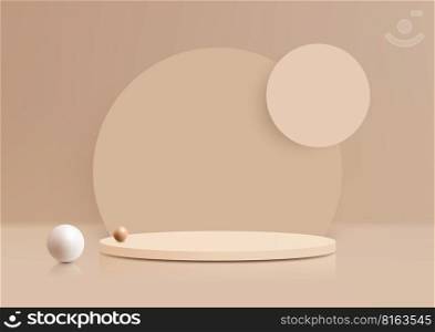 3D realistic beige podium platform stand with circles backdrop decoration white sphere balls minimal wall scene background. Display for spa and beauty, cosmetic product presentation showcase, mock up stage, cosmetic product display. Vector illustration