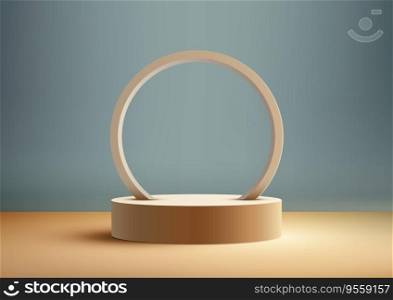 3D realistic beige podium with circle frame on blue wall is a minimalist and modern design that is perfect for product display. Vector illustration