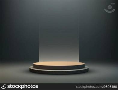 3D realistic black and beige podium with a glass backdrop. This modern product display mockup is perfect for showcasing your products in a clean and elegant way. Vector illustration