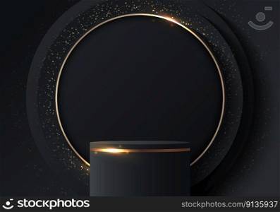 3D realistic black and gold podium stand with black circles golden geometric ring elements and lighting glitter effect on dark background luxury style. You can use for studio room elegant wall scene, mockup advertising, showroom, showcase. Vector illustration