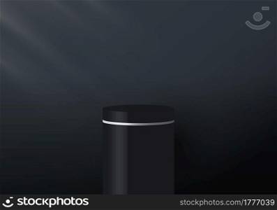 3D realistic black and white pedestal display on dark background with lighting. You can use for show cosmetic products, stage romance showcase on pedestal studio room. Vector illustration