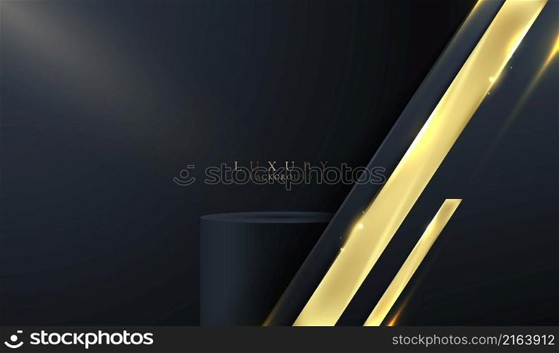 3D realistic black cylinder podium in blue stripes shapes with lighting shiny golden diagonal lines on dark studio room background luxury style. You can use for product display, presentation cosmetic, etc. Vector illustration