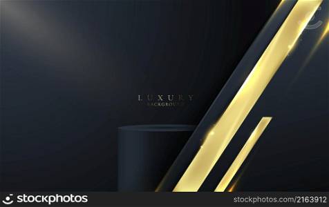 3D realistic black cylinder podium in blue stripes shapes with lighting shiny golden diagonal lines on dark studio room background luxury style. You can use for product display, presentation cosmetic, etc. Vector illustration
