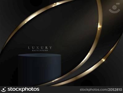3D realistic black cylinder podium in gold curve graphic with lighting on dark studio room background luxury style. You can use for product display, presentation cosmetic, etc. Vector illustration