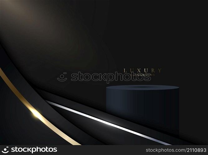 3D realistic black cylinder podium in gold curve graphic with lighting on dark studio room background luxury style. You can use for product display, presentation cosmetic, etc. Vector illustration