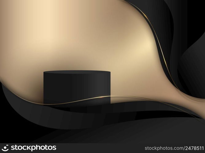 3D realistic black cylinder podium in golden curve shape background with black wave lines and lighting luxury style. You can use for product display, presentation cosmetic, etc. Vector illustration