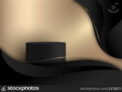 3D realistic black cylinder podium in golden curve shape background with black wave lines and lighting luxury style. You can use for product display, presentation cosmetic, etc. Vector illustration