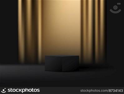 3D realistic black podium platform pedestal cube shape with gold curtain backdrop on dark background luxury style. Abstract studio room elegant wall scene. Products display advertising. Vector illustration