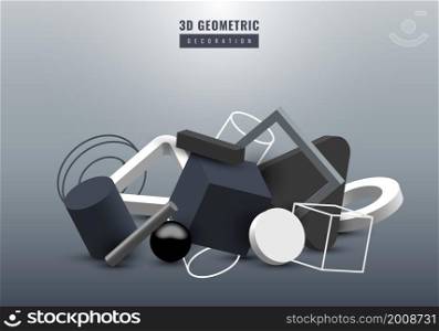 3D realistic black, white and gray geometric group decoration graphic minimal design. Vector graphic illustration