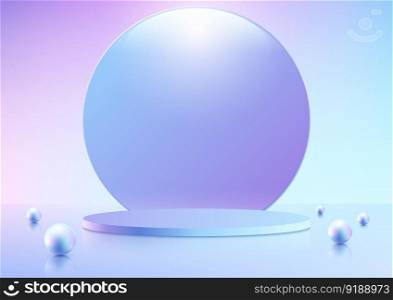 3D realistic blue and pink gradient empty podium platform product display decoration with sphere balls and circle backdrop minimal wall scene background. You can use for cosmetic mockup presentation, promotion sale and marketing, etc, Vector illustration