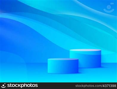 3D realistic blue color geometric round shape stacked podium with lighting diagonal wavy backdrop. Display presentation product. Vector illustration