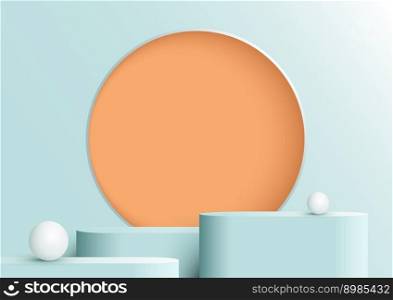 3D realistic blue podium stand pedestal with yellow circle frame backdrop decoration white balls on blue studio room background. You can use for product presentation, cosmetic display mockup, showcase, etc. Vector illustration