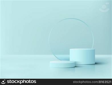 3D realistic blue podium stand with gtransparency glass circle backdrop minimal wall scene on soft blue background. Display for spa and beauty, cosmetic product presentation showcase, mock up stage, cosmetic product display. Vector illustration