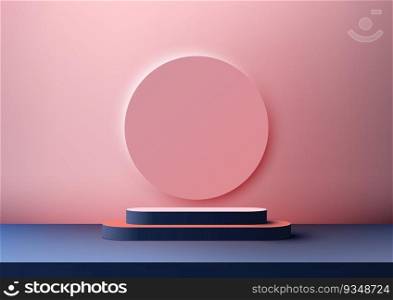 3D realistic blue podium steps stand with circle backdrop minimal wall scene on pink background. Use for product presentation, cosmetic product display mockup, showcase, media banner, etc. Vector illustration