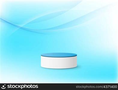 3D realistic blue, white color geometric round shape stacked podium with wavy backdrop. Display presentation product. Vector illustration