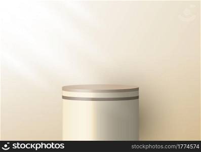 3D realistic brown beige pedestal backdrop for product display. Cylinder podium or platform in studio lighting background. Museum showcase concept. Vector illustration