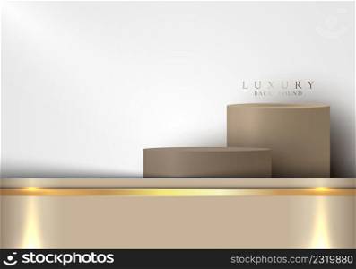 3D realistic brown cylinder podium elegant template golden shiny metallic stripes with gold lines on white background luxury style. You can use for product display, presentation cosmetic, etc. Vector illustration
