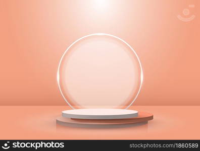 3D realistic brown podium or pedestal pastel color with circle backdrop and light in stage ceremony background. You can use for product display, etc. Vector illustration