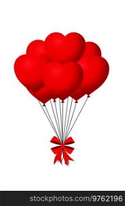 3d realistic bunch of red birthday or valentine’s balloons with bow flying for party and celebrations with space for message Isolated in white background. Vector Illustration, clip art for design.. 3d realistic bunch of red birthday or valentine’s balloons