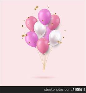 3d Realistic Colorful Happy Birthday Balloons with golden confetti Flying for Party and Celebrations. for card, party, flyer, poster, decor, banner, web, advertising. 3d rendering. Vector illustration. 3d Realistic Colorful Happy Birthday Balloons Flying for Party and Celebrations