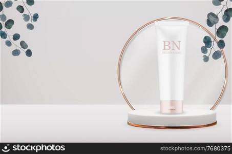 3D Realistic Cream Bottle on pedestal Background with eucalyptus leaves. Design Template of Fashion Cosmetics Product for Ads, flyer, banner or Magazine Background. Vector Illustration. EPS10. 3D Realistic Cream Bottle on pedestal Background with eucalyptus leaves. Design Template of Fashion Cosmetics Product for Ads, flyer, banner or Magazine Background. Vector Illustration
