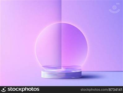 3D realistic crystal glass transparent podium pedestal display with circle glass minimal wall scene background. You can use for presentation product platform. Vector illustration