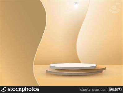 3D realistic cylinder layer geometric shape podium with wave backdrop and lamp lighting on beige background. You can use for mock up product showcase, exhibition, etc. Vector illustration